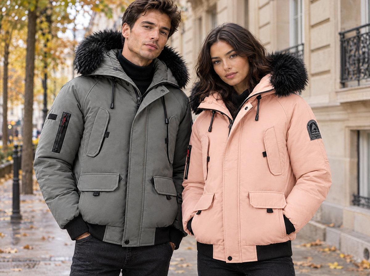 Blouson capuche fourrure amovible + cagoule lunette intégrée Helvetica WILSON homme et femme portés ensemble dans une rue de Paris en automne, style streetwear
