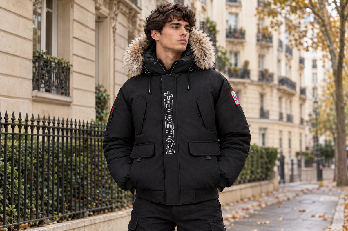 Helvetica PEGA ONE capuche fourrure amovible + cagoule Noir Beige dans une rue de Paris en automne, style streetwear